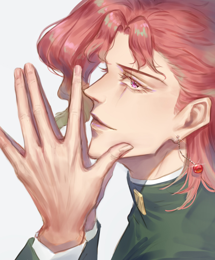 1boy earrings fingers_together gakuran jewelry jojo_no_kimyou_na_bouken kakyoin_noriaki kankito male_focus pink_hair profile redhead scar scar_across_eye school_uniform solo stardust_crusaders violet_eyes