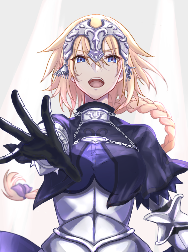 1girl armor armored_dress banner black_ribbon blonde_hair blue_eyes braid eyebrows_visible_through_hair fate/apocrypha fate/grand_order fate_(series) gauntlets highres jeanne_d'arc_(fate) jeanne_d'arc_(fate)_(all) long_hair low-tied_long_hair ponytail purple_legwear ribbon ruler_(fate/apocrypha) sheath sheathed single_braid smile solo standing sword thigh-highs toolate89mo very_long_hair weapon