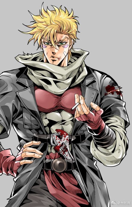 1boy battle_tendency between_fingers blonde_hair blood blood_on_clothes blood_on_weapon caesar_anthonio_zeppeli cigarette facial_mark fingerless_gloves gloves green_eyes grey_scarf jojo_no_kimyou_na_bouken long_coat male_focus official_style sashiyu scarf scratches solo teenage torn_clothes weapon wrench younger