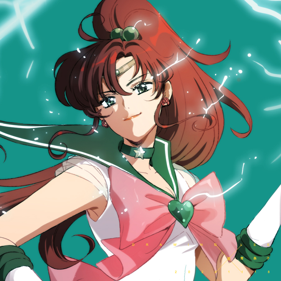 1girl back_bow bishoujo_senshi_sailor_moon bow brown_hair choker drawing_lee earrings elbow_gloves gloves green_eyes green_sailor_collar green_skirt hair_bobbles hair_ornament happy_birthday high_ponytail jewelry long_hair looking_at_viewer miniskirt pink_lips pink_neckwear pleated_skirt rose_earrings sailor_collar sailor_jupiter sailor_senshi_uniform shirt short_sleeves signature simple_background skirt solo white_gloves white_shirt