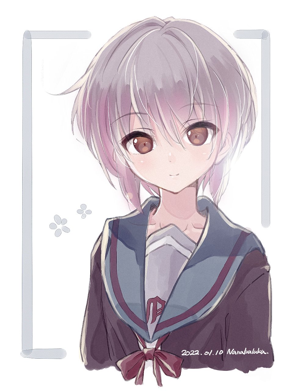 1girl artist_name bangs blue_sailor_collar brown_cardigan brown_eyes cardigan commentary_request dated eyebrows_visible_through_hair eyes_visible_through_hair highres kita_high_school_uniform looking_at_viewer nagato_yuki nanabuluku paw_print purple_hair red_ribbon ribbon sailor_collar school_uniform serafuku short_hair skirt smile solo suzumiya_haruhi_no_yuuutsu watermark