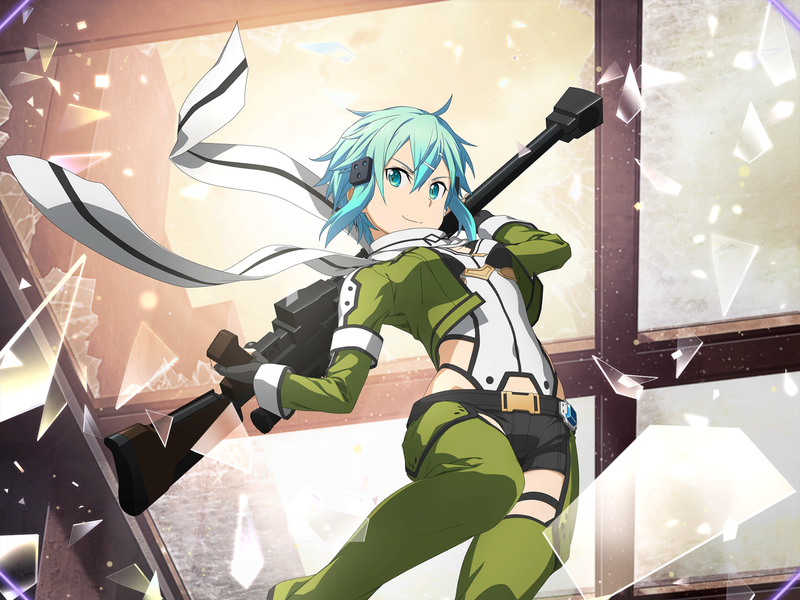 1girl bangs bare_hips black_gloves black_shorts blue_eyes blue_hair closed_mouth covered_navel fingerless_gloves game_cg gloves green_jacket green_legwear gun hair_between_eyes hair_ornament hairclip holding holding_gun holding_weapon jacket leotard long_sleeves looking_at_viewer open_clothes open_jacket pgm_hecate_ii rifle scarf shattered short_hair short_shorts shorts sinon smile sniper_rifle solo sword_art_online sword_art_online:_alicization_rising_steel thigh_strap weapon white_leotard white_scarf