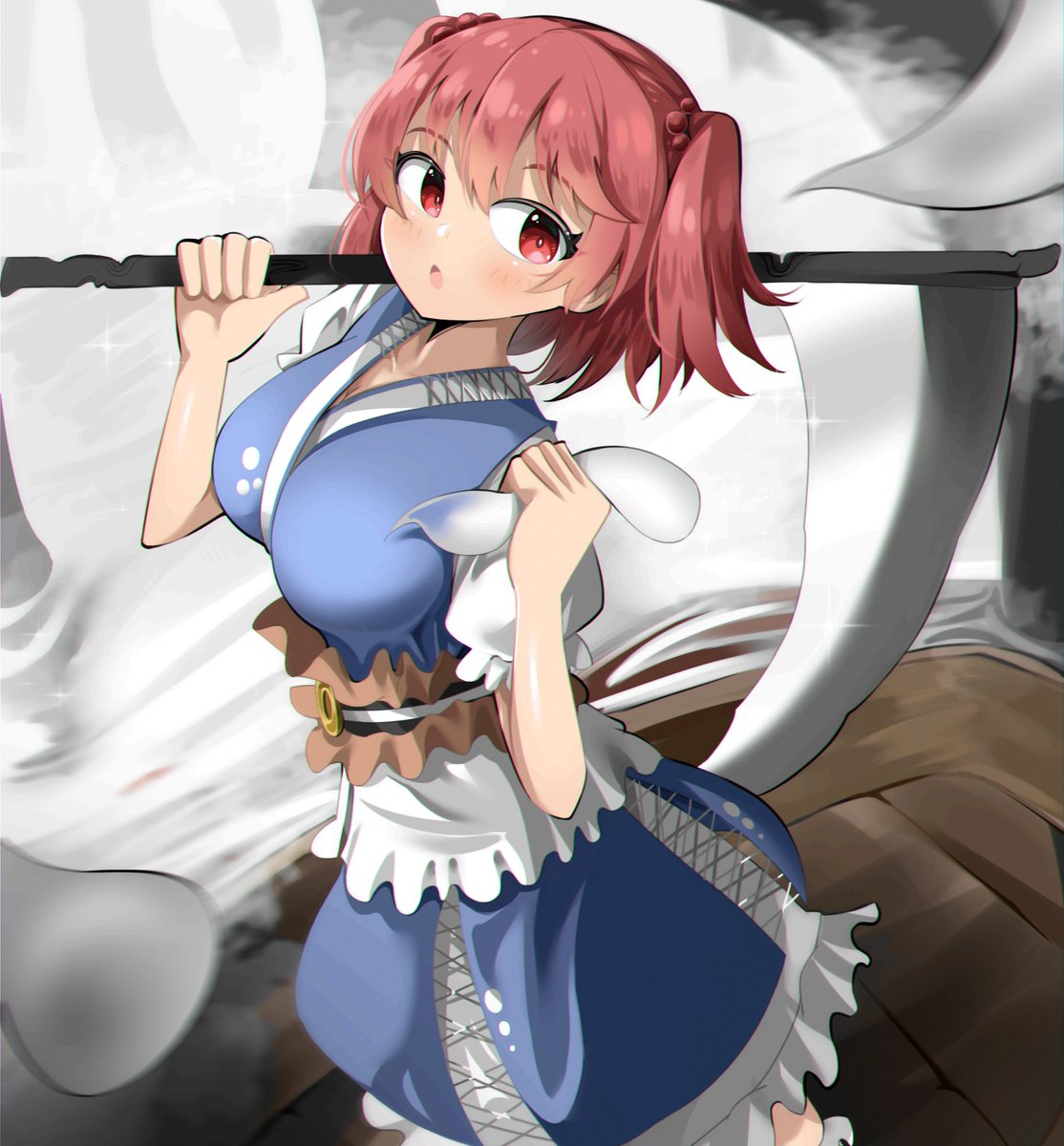 1girl bangs blue_dress dress eyebrows_visible_through_hair ghost hair_bobbles hair_ornament highres hitodama holding holding_scythe looking_at_viewer obi onozuka_komachi open_mouth outdoors red_eyes redhead sash scythe short_hair short_sleeves spam_(spamham4506) standing touhou two_side_up