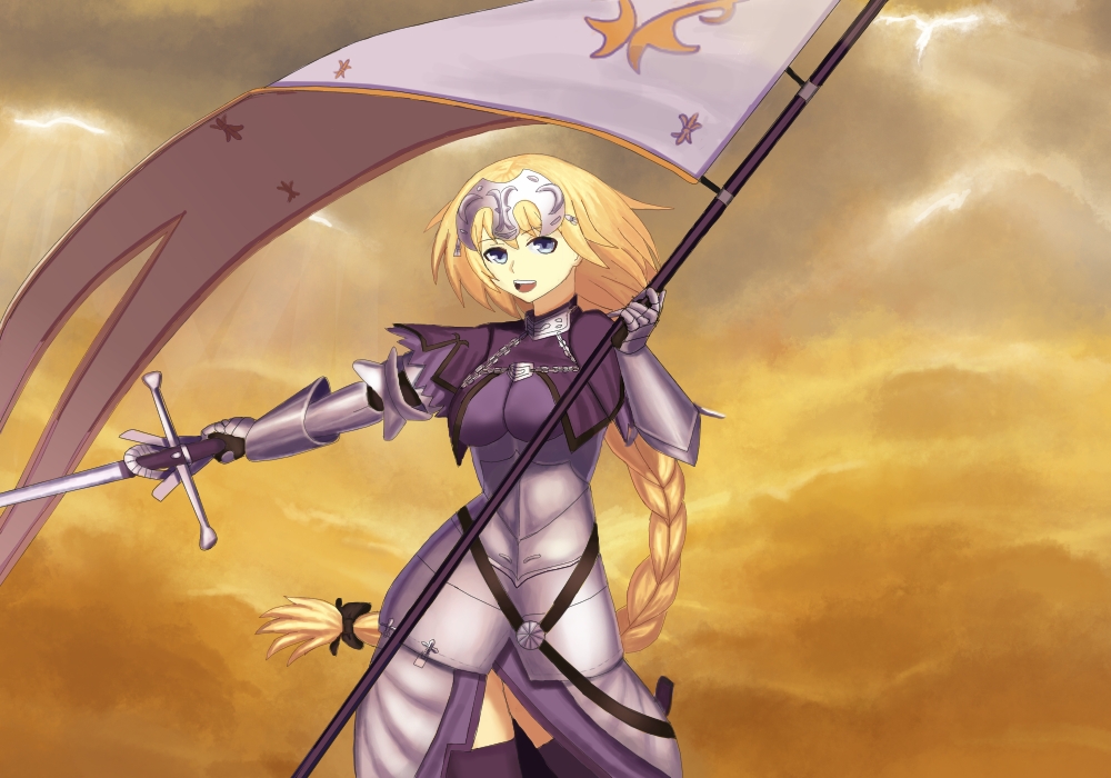 1girl armor armored_dress banner black_ribbon blonde_hair blue_eyes braid eyebrows_visible_through_hair fate/apocrypha fate/grand_order fate_(series) gauntlets highres jdrawn jeanne_d'arc_(fate) jeanne_d'arc_(fate)_(all) long_hair low-tied_long_hair ponytail purple_legwear ribbon ruler_(fate/apocrypha) sheath sheathed single_braid smile solo standing sword thigh-highs very_long_hair weapon