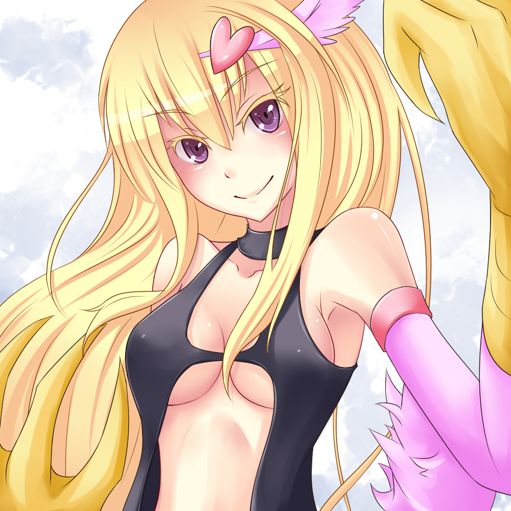 1girl artist_request asymmetrical_legwear blonde_hair blue_eyes breasts center_opening claws cleavage duel_monster feathers hair_ornament harpie_girl harpy heart heart_hair_ornament highres kneeling leotard long_hair monster_girl navel open_mouth pantyhose s_tsushiya smile solo thigh-highs wings yuu-gi-ou yuu-gi-ou_duel_monsters