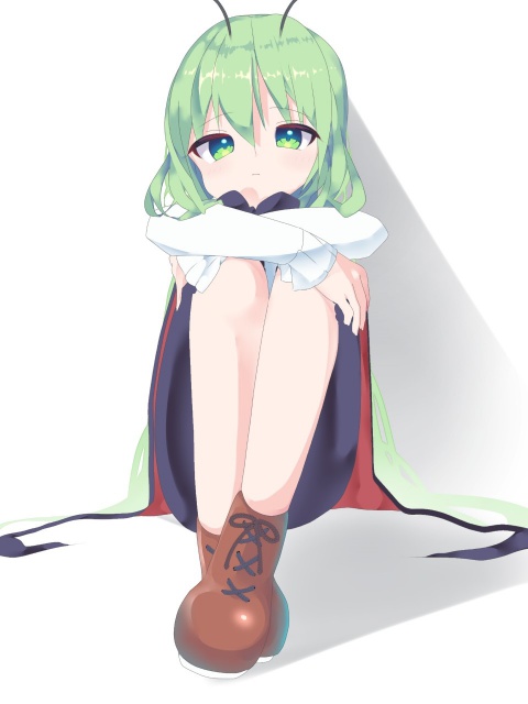 1girl alternate_hair_length alternate_hairstyle antennae bangs black_cape black_shorts blush boots brown_footwear cape closed_mouth collared_shirt commentary expressionless eyebrows_visible_through_hair full_body green_eyes green_hair hugging_own_legs kari_(atsuki_565) long_hair looking_at_viewer red_cape shirt shorts sitting solo touhou two-sided_cape two-sided_fabric white_background white_shirt wriggle_nightbug