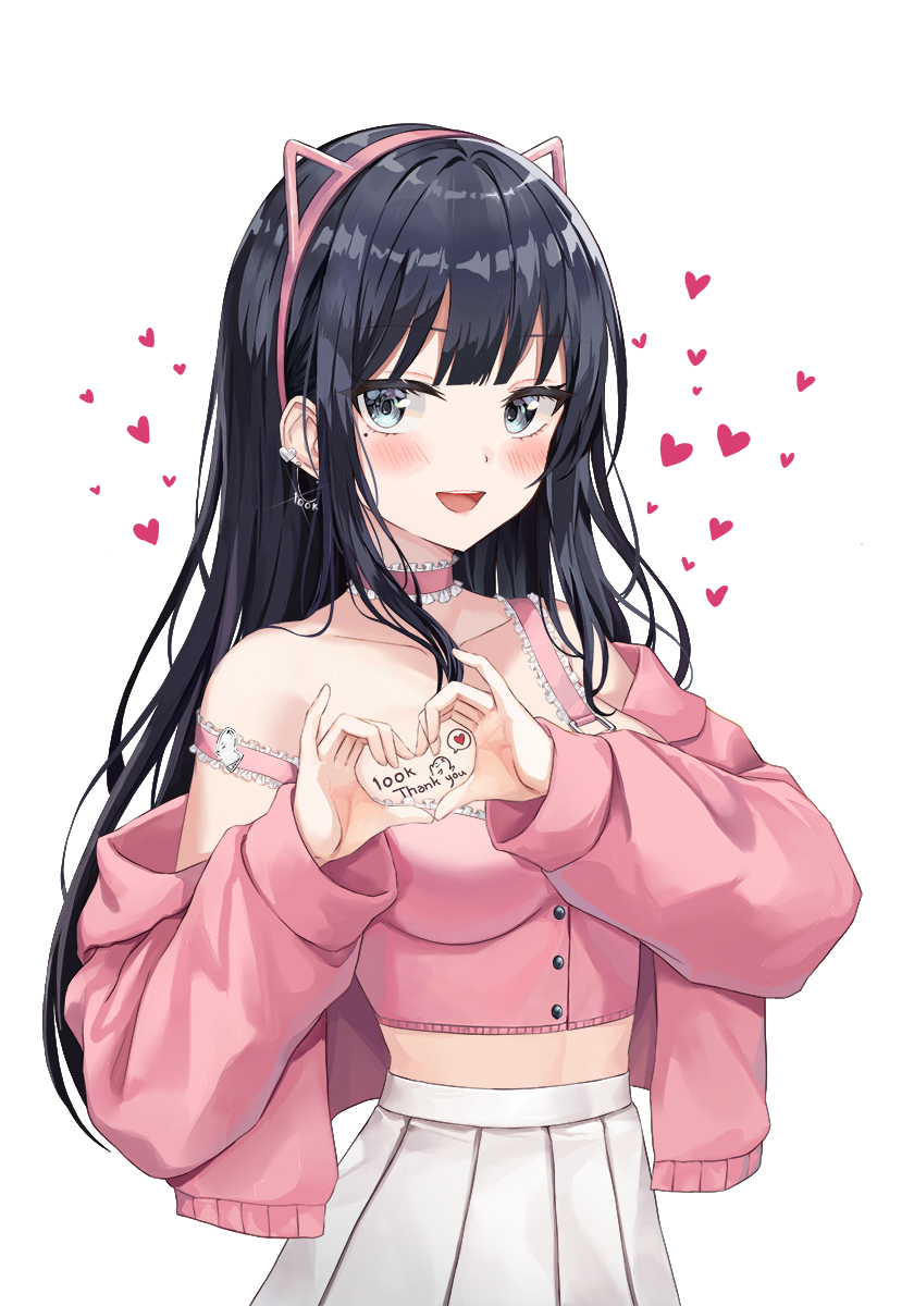 1girl :d animal_ears bare_shoulders black_hair blue_eyes blush breasts buttons choker collarbone crop_top earrings fake_animal_ears frilled_choker frilled_shirt frills glint hairband heart heart_hands high-waist_skirt highres jacket jewelry long_hair long_sleeves looking_at_viewer medium_breasts midriff milestone_celebration minari_(lmina09) mole mole_under_eye off_shoulder open_clothes open_jacket open_mouth original pink_choker pink_jacket pink_shirt pink_theme pleated_skirt shirt simple_background skirt sleeveless sleeveless_shirt smile solo stomach strap_slip thank_you upper_body white_background white_skirt