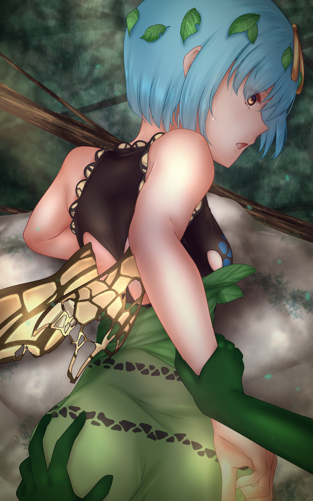 1girl antennae aqua_hair black_leotard brown_eyes butterfly_wings dress eternity_larva eyebrows_visible_through_hair fairy green_dress hair_between_eyes hands highres leaf leaf_on_head leotard multicolored_clothes multicolored_dress open_mouth short_hair shounen_(hogehoge) single_strap solo_focus torn_clothes torn_leotard torn_wings touhou wings