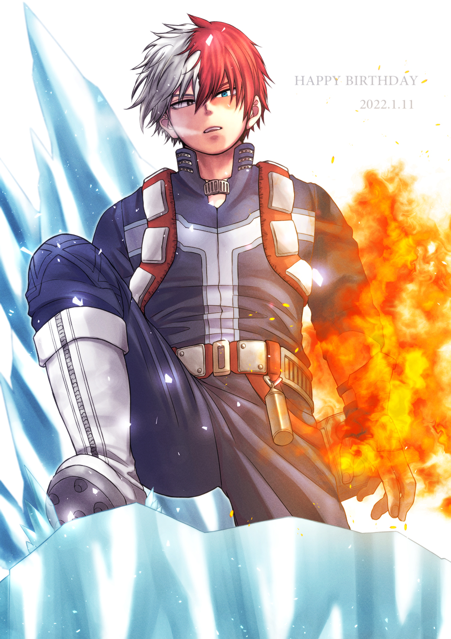 1boy bangs belt blue_eyes boku_no_hero_academia boots breath burn_scar costume dated english_text fire from_below hair_between_eyes hair_blowing happy_birthday heterochromia high_collar highres ice leg_lift leg_up long_bangs looking_at_viewer male_focus multicolored_hair parted_lips redhead satoko_(sat_ok_o) scar scar_on_face short_hair smile solo special_moves split-color_hair todoroki_shouto two-tone_hair utility_belt white_background white_hair