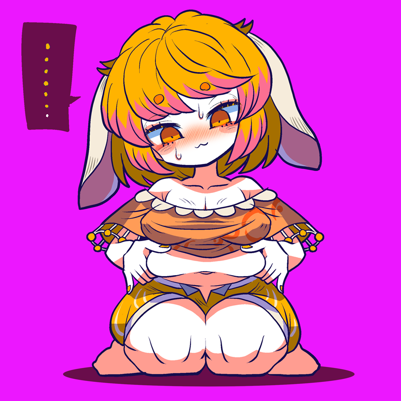 1girl :3 animal_ears barefoot blonde_hair blush cabbie_hat floppy_ears hand_on_own_stomach hat orange_eyes orange_shirt plump rabbit_ears rabbit_girl ringo_(touhou) seiza shirt shorts sitting solo squeezing sweat touhou yt_(wai-tei)