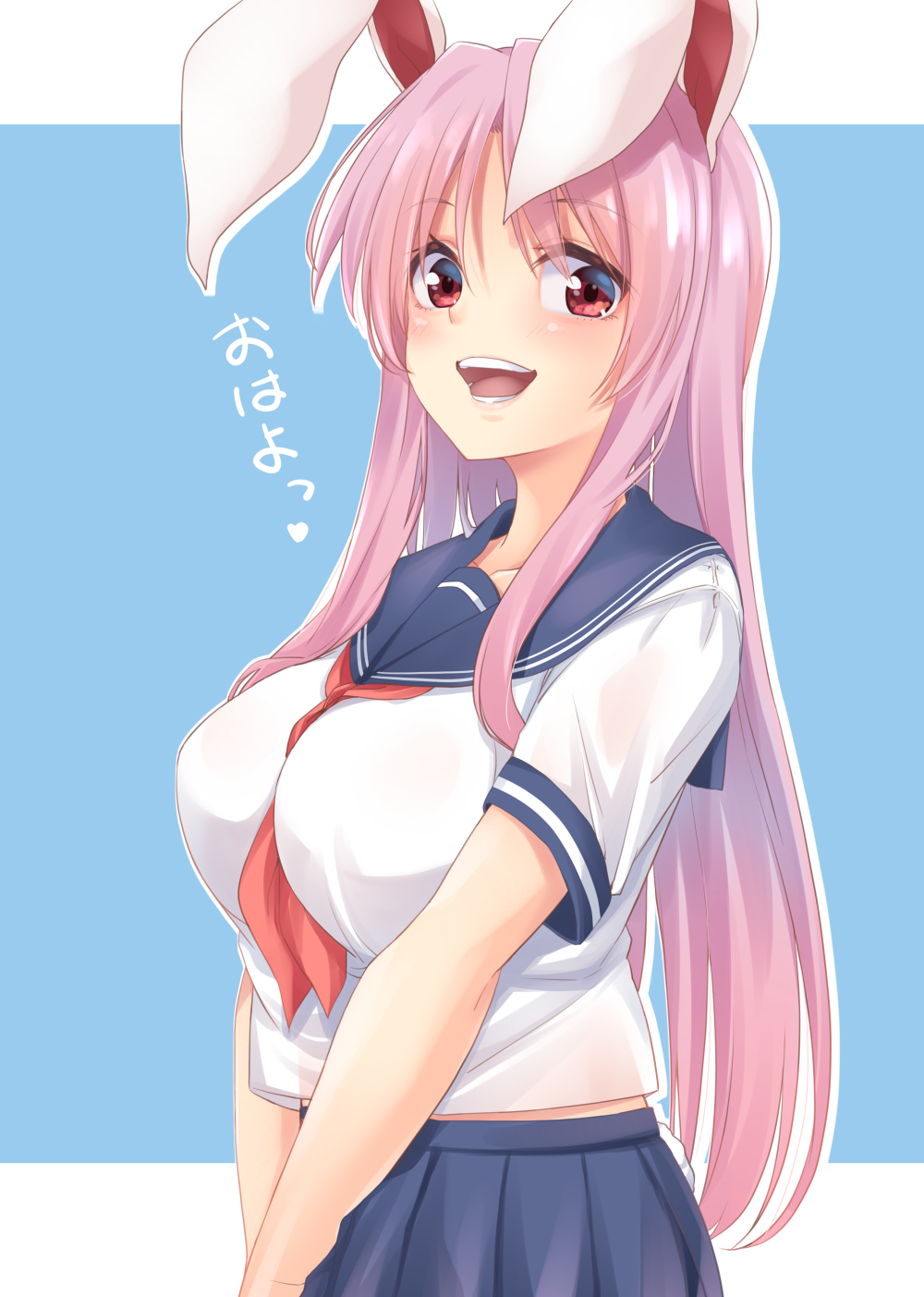 1girl :d alternate_costume animal_ears bangs blue_background blue_sailor_collar blue_skirt blush breasts casual collarbone contemporary eyebrows_visible_through_hair highres hisae_(hisae_collect) large_breasts long_hair looking_at_viewer midriff_peek neckerchief neckerchief_between_breasts open_mouth pleated_skirt purple_hair rabbit_ears red_eyes red_neckerchief reisen_udongein_inaba sailor_collar school_uniform serafuku skirt smile solo touhou translation_request two-tone_background upper_body very_long_hair white_background