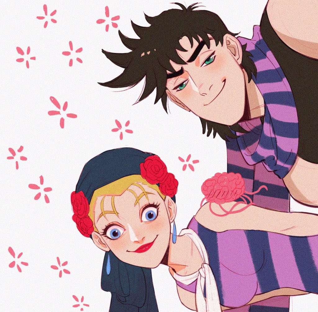 1boy 1girl bandana battle_tendency black_hair blonde_hair blue_eyes blue_scarf brain derivative_work disney earrings esidisi flower green_eyes half-closed_eyes hat hat_flower jewelry jojo_no_kimyou_na_bouken joseph_joestar joseph_joestar_(young) look-alike male_focus parody purple_scarf scarf shirt smile smug spadelake striped striped_scarf striped_shirt style_parody suzi_q tangled white_scarf