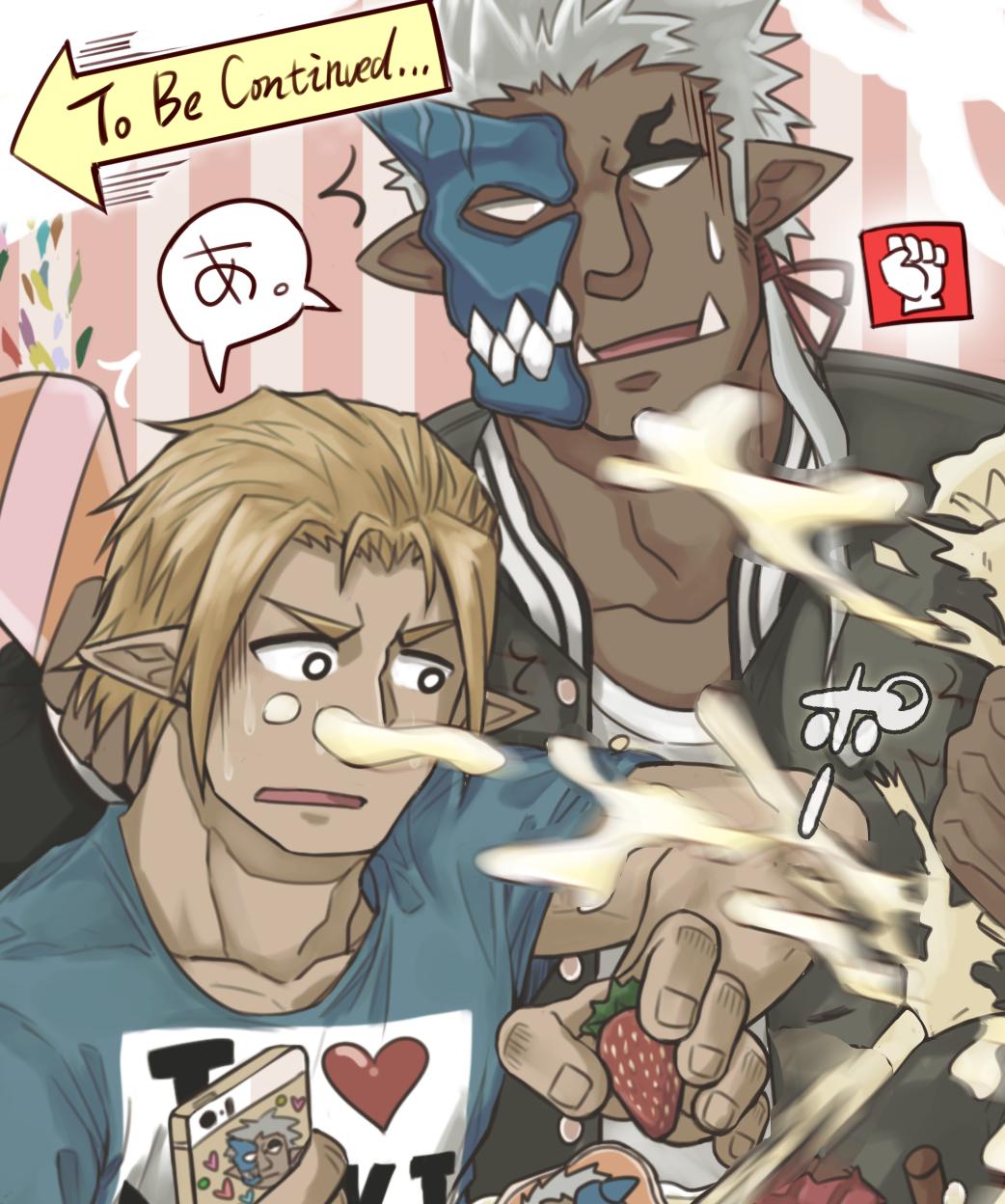 2boys blonde_hair cake dark-skinned_male dark_skin ekusutora food food_on_face half_mask happy_birthday highres horned_mask horns ibaraki_(housamo) male_focus mask monster_boy multiple_boys no_pupils oni_mask pointy_ears pressing short_hair shuten_douji_(housamo) sideburns single_horn splatter sweatdrop to_be_continued tokyo_afterschool_summoners tusks upper_body white_hair