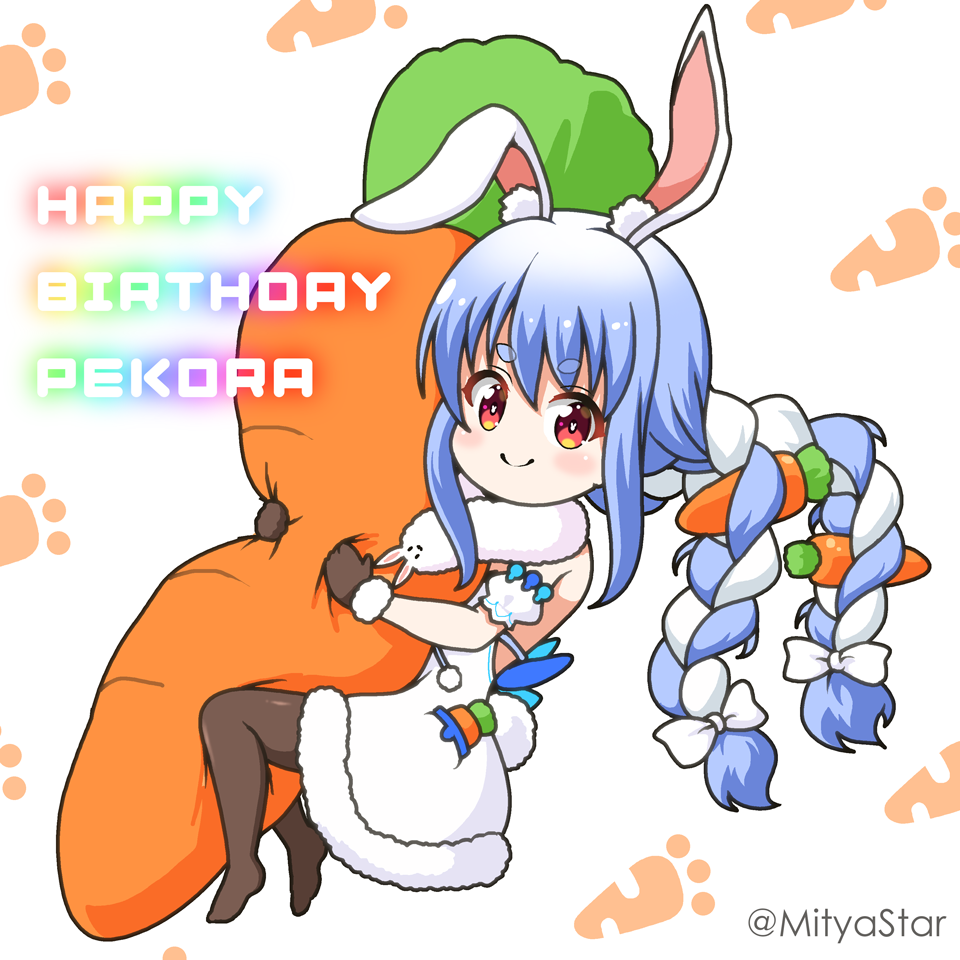 1girl animal_ear_fluff animal_ears bangs blue_hair bow brown_gloves brown_legwear bunny-shaped_pupils carrot_hair_ornament character_name closed_mouth commentary_request detached_sleeves don-chan_(usada_pekora) dress drill_hair eyebrows_visible_through_hair food-themed_hair_ornament full_body fur-trimmed_dress fur-trimmed_gloves fur_trim gloves hair_between_eyes hair_bow hair_ornament happy_birthday hololive mitya multicolored_hair object_hug pantyhose puffy_short_sleeves puffy_sleeves rabbit_ears red_eyes short_eyebrows short_sleeves smile strapless strapless_dress stuffed_carrot stuffed_toy symbol-shaped_pupils thick_eyebrows twin_drills twintails twitter_username two-tone_hair usada_pekora virtual_youtuber white_background white_bow white_dress white_hair white_sleeves