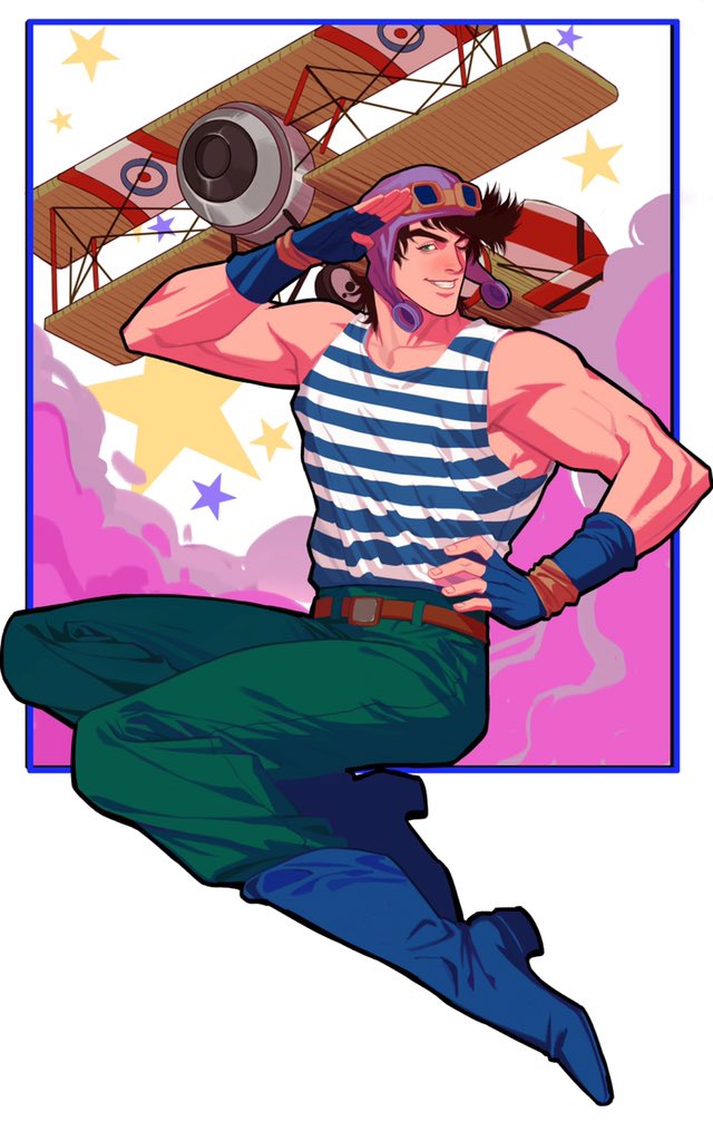 1boy aircraft airplane aviator_cap bare_shoulders battle_tendency biplane black_hair boots fingerless_gloves gloves hand_on_hip jojo_no_kimyou_na_bouken joseph_joestar joseph_joestar_(young) male_focus shirt solo spadelake striped striped_shirt