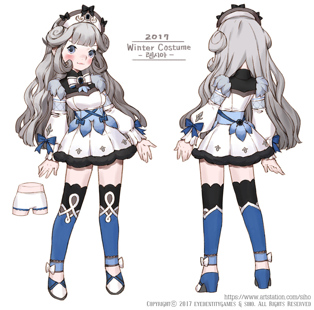 2017 artstation_username blue_eyes blush character_request character_sheet commentary_request dragon_nest grey_hair korean_commentary korean_text long_hair siho_white standing translation_request underwear web_address
