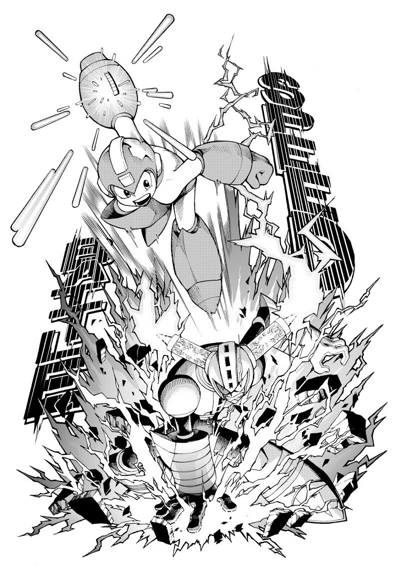 2boys android arm_cannon arm_up clenched_hand clenched_teeth commentary_request duel electricity english_text falling furu_kaze fuse_man greyscale helmet male_focus mega_man_(character) mega_man_(classic) mega_man_(series) mega_man_11 midair monochrome multiple_boys open_mouth powering_up simple_background standing teeth translation_request weapon white_background