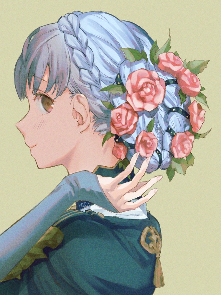 1girl alternate_hairstyle blue_capelet blue_hair blush braid brown_eyes capelet closed_mouth commentary crown_braid eyebrows_visible_through_hair fire_emblem fire_emblem:_three_houses flower flower_braid from_side hair_flower hair_ornament kh_(tanakananataka) leaf long_sleeves looking_at_viewer marianne_von_edmund pink_flower pink_rose rose signature simple_background smile solo
