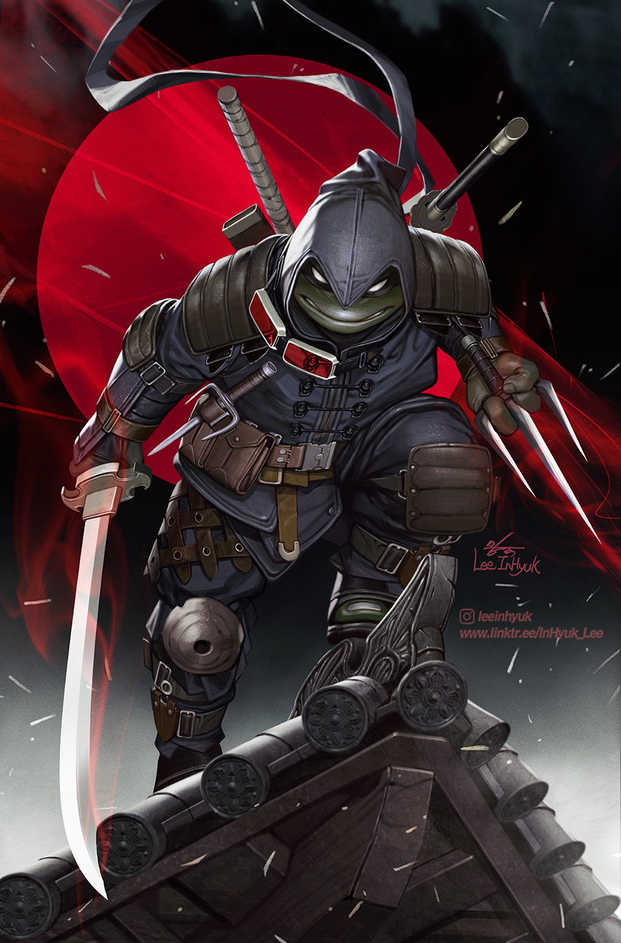 1boy architecture armor artist_name belt cross-laced_clothes drawing dual_wielding east_asian_architecture english_commentary english_text goggles goggles_around_neck highres holding holding_sword holding_weapon hood hood_up in-hyuk_lee instagram_username knee_pads knee_up moon night night_sky open_mouth outdoors painting parted_lips pouch red_moon rooftop sai_(weapon) samurai sandals shoulder_armor signature sky standing sword teenage_mutant_ninja_turtles turtle warrior weapon web_address