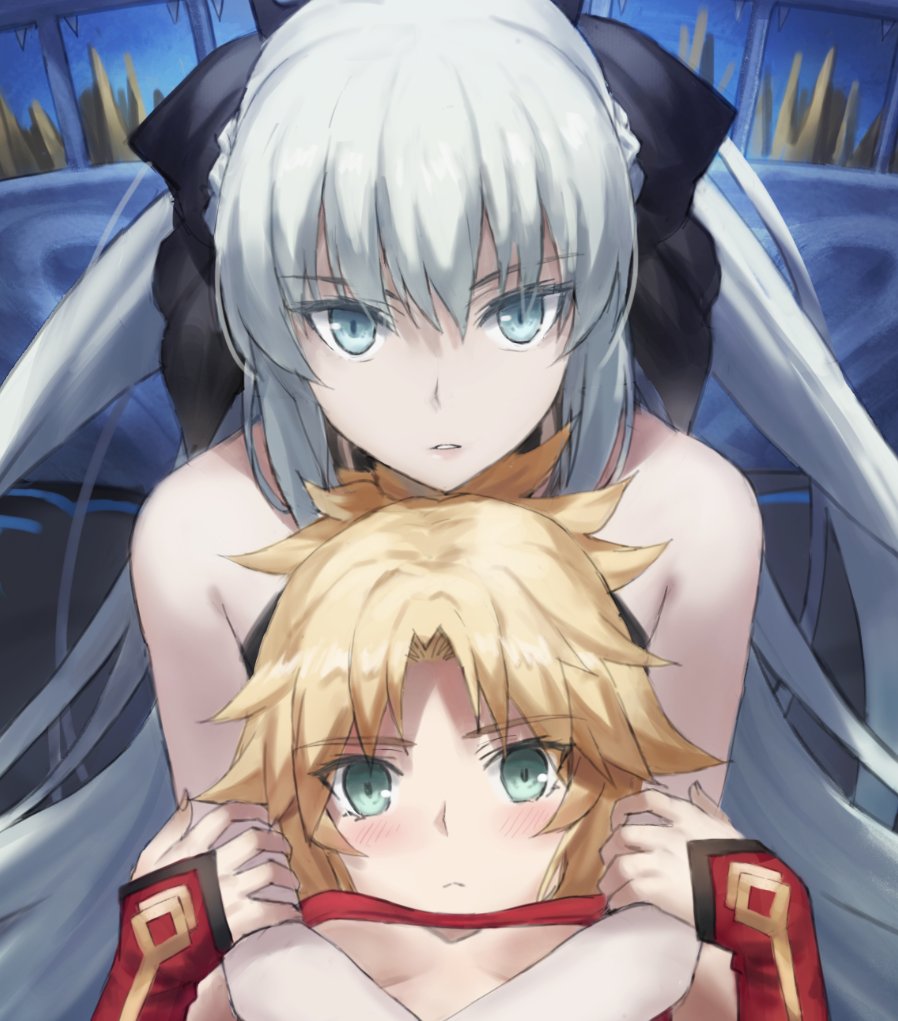 2girls bandeau bangs bare_shoulders black_bow blonde_hair blue_eyes blush bow braid breasts detached_sleeves fate/apocrypha fate/grand_order fate_(series) french_braid green_eyes grey_hair hair_bow large_breasts long_hair looking_at_viewer mordred_(fate) mordred_(fate/apocrypha) morgan_le_fay_(fate) multiple_girls parted_bangs ponytail small_breasts tonee very_long_hair