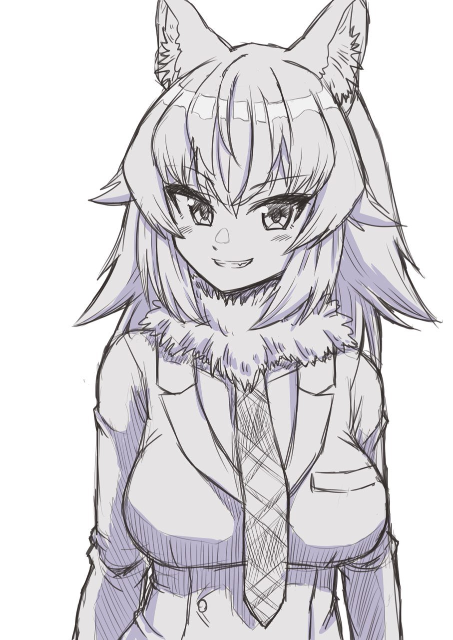 1girl animal_ears breast_pocket breasts collarbone eyebrows_visible_through_hair fang grey_wolf_(kemono_friends) greyscale grin highres kemono_friends kimurayou103 large_breasts long_hair looking_at_viewer monochrome necktie parted_lips pocket sketch smile solo teeth upper_body wolf_ears wolf_girl