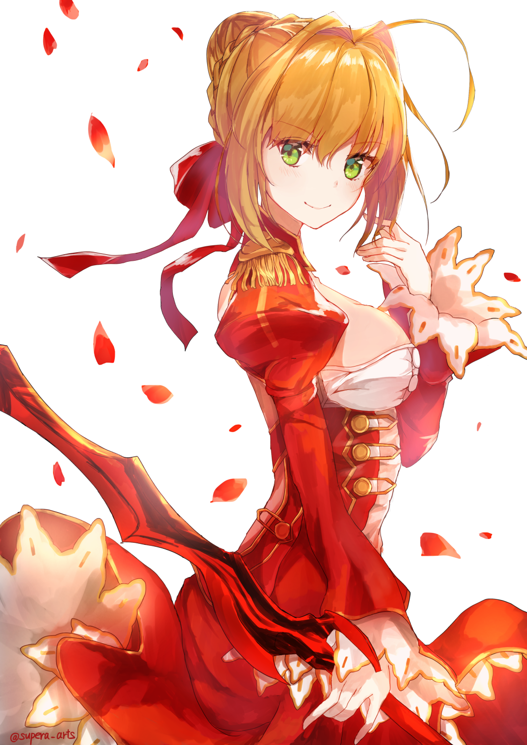 1girl aestus_estus ahoge blonde_hair blurry braid breasts cleavage commentary_request corset dress epaulettes fate/extra fate/grand_order fate_(series) flower french_braid green_eyes hair_flower hair_intakes hair_ornament hair_ribbon highres juliet_sleeves large_breasts long_sleeves looking_at_viewer nero_claudius_(fate) nero_claudius_(fate)_(all) ocean petals puffy_sleeves red_dress red_ribbon ribbon saber_extra see-through short_hair smile solo supera_06 wide_sleeves