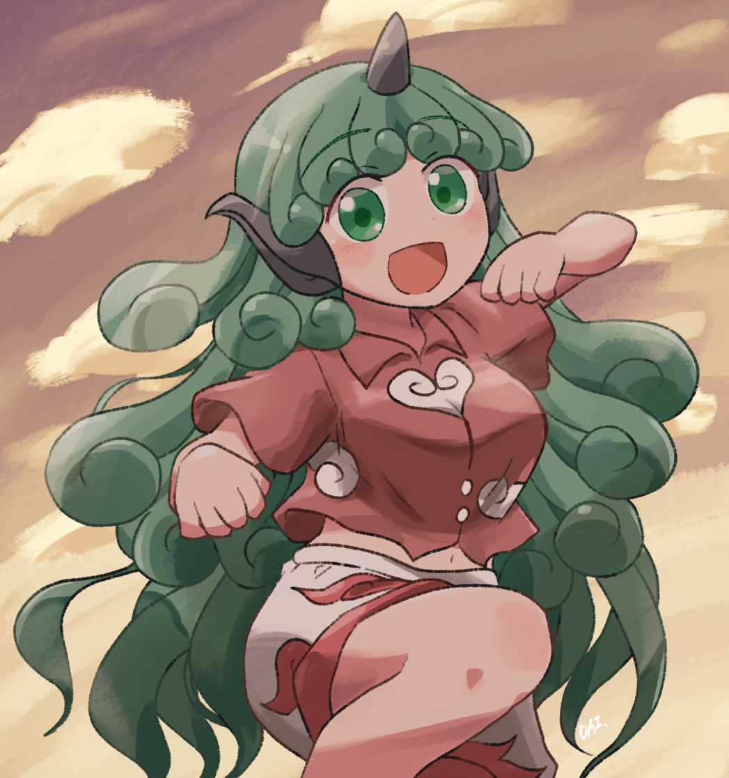 1girl cloud_print collared_shirt curly_hair eyebrows_visible_through_hair green_eyes green_hair horns kariyushi_shirt komano_aunn long_hair looking_at_viewer open_mouth red_shirt rokugou_daisuke shirt short_sleeves shorts single_horn smile solo touhou white_shorts