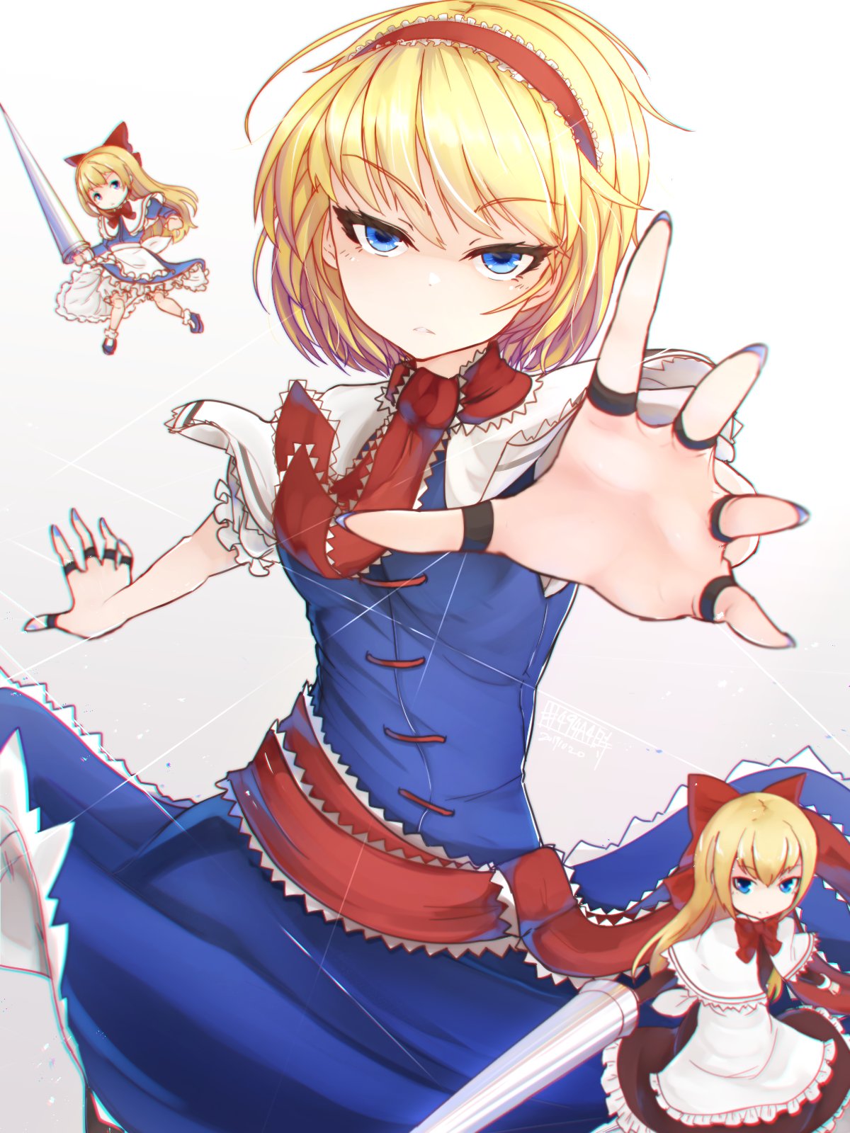 1girl alice_margatroid arm_up bangs blonde_hair blue_dress blue_eyes blue_nails book boots breasts capelet closed_mouth commentary_request cross-laced_clothes cross-laced_dress doll dress expressionless eyebrows_visible_through_hair eyelashes eyes_visible_through_hair feet_out_of_frame floating frilled_dress frills gradient gradient_background grey_background hair_between_eyes hairband highres hourai_doll jewelry lance lolita_hairband looking_at_viewer medium_breasts nail_polish outstretched_arm polearm puppet_rings puppet_strings red_hairband red_sash ring sash senzaicha_kasukadoki shanghai_doll shirt short_hair simple_background smile solo standing string touhou weapon white_background white_capelet white_shirt