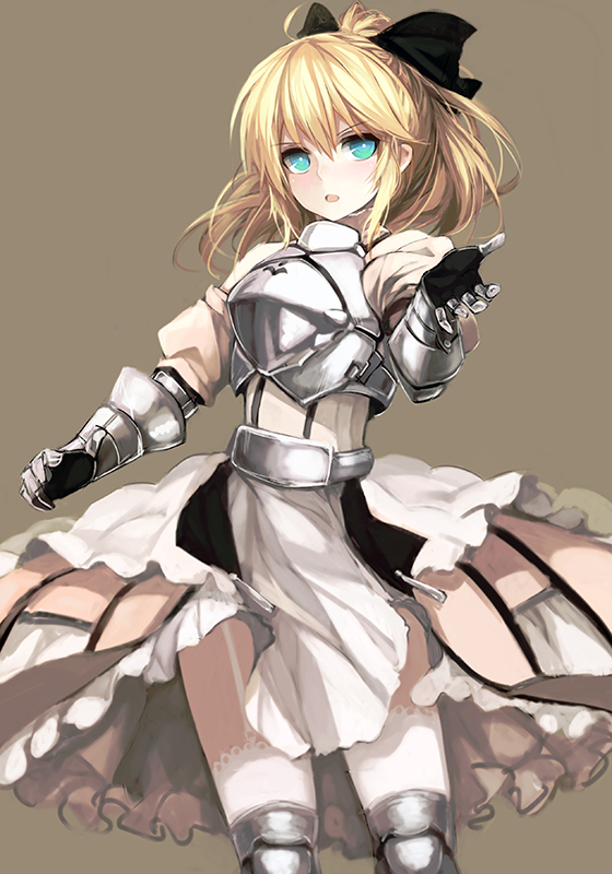 1girl armor armored_dress artoria_pendragon_(all) black_bow blonde_hair blue_sky bow breastplate caliburn dress eyebrows_visible_through_hair fate/grand_order fate/unlimited_codes fate_(series) faulds floating_hair gauntlets green_eyes hair_between_eyes hair_bow hands_on_hilt highres long_hair looking_at_viewer outdoors petals ponytail saber_lily signature sleeveless sleeveless_dress solo standing white_dress zen_(pixiv1876273)
