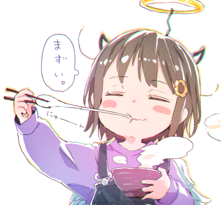 1girl ano_ko_wa_toshi_densetsu bangs bowl brown_hair chopsticks eating eyebrows_visible_through_hair fake_halo fake_horns feathered_wings flower gomennasai hair_flower hair_ornament hairclip holding holding_bowl holding_chopsticks horns long_sleeves mochi orange_flower overalls puffy_long_sleeves puffy_sleeves purple_shirt shirt simple_background solo steam upper_body white_background white_wings wings zangyaku-san