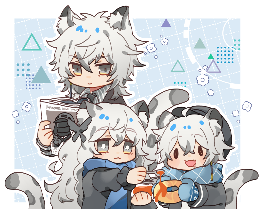 1boy 2girls :d animal_ear_fluff animal_ears arknights bangs black_jacket black_necktie black_shirt blue_mittens brother_and_sister cliffheart_(arknights) closed_mouth collared_shirt doctor_(arknights) drooling eyebrows_visible_through_hair food grey_eyes grey_hair grey_shirt hair_between_eyes holding holding_food holding_spoon jacket jar kyouna leopard_boy leopard_ears leopard_girl leopard_tail long_hair mittens mouth_drool multicolored_hair multiple_girls necktie pramanix_(arknights) shirt siblings silverash_(arknights) sisters smile solid_oval_eyes spoon streaked_hair striped striped_shirt tail vertical-striped_shirt vertical_stripes very_long_hair