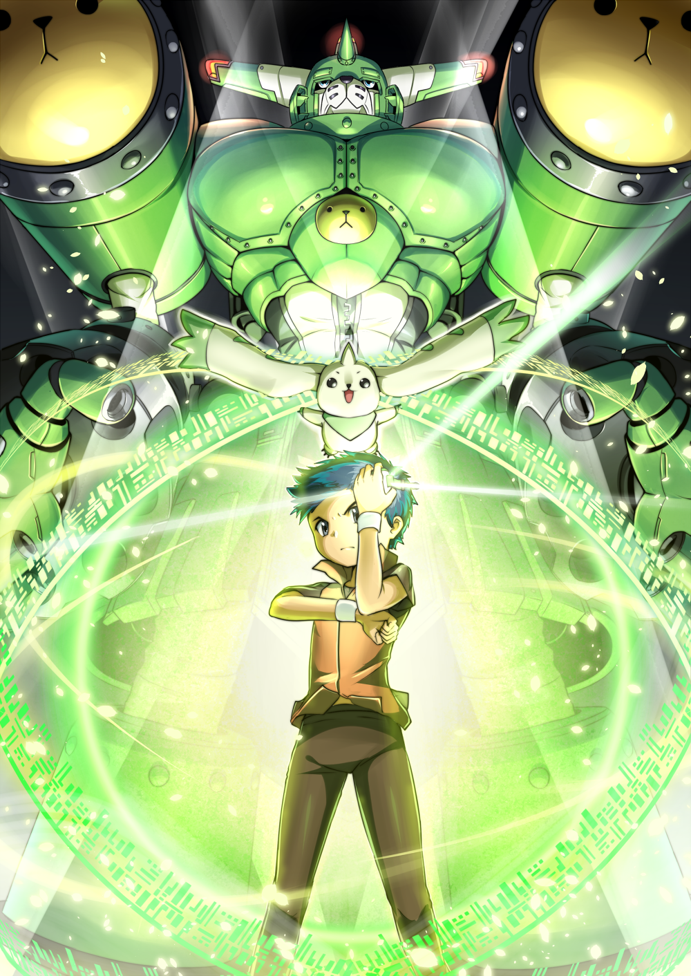 1boy :3 :d arm_up black_pants black_shirt blue_eyes blue_hair closed_mouth commentary_request creature digimon digimon_(creature) digimon_tamers digivice english_commentary hawe_king highres holding horns li_jianliang looking_at_viewer male_focus mecha mixed-language_commentary on_head orange_vest pants saintgalgomon shirt short_hair short_sleeves single_horn smile standing terriermon vest