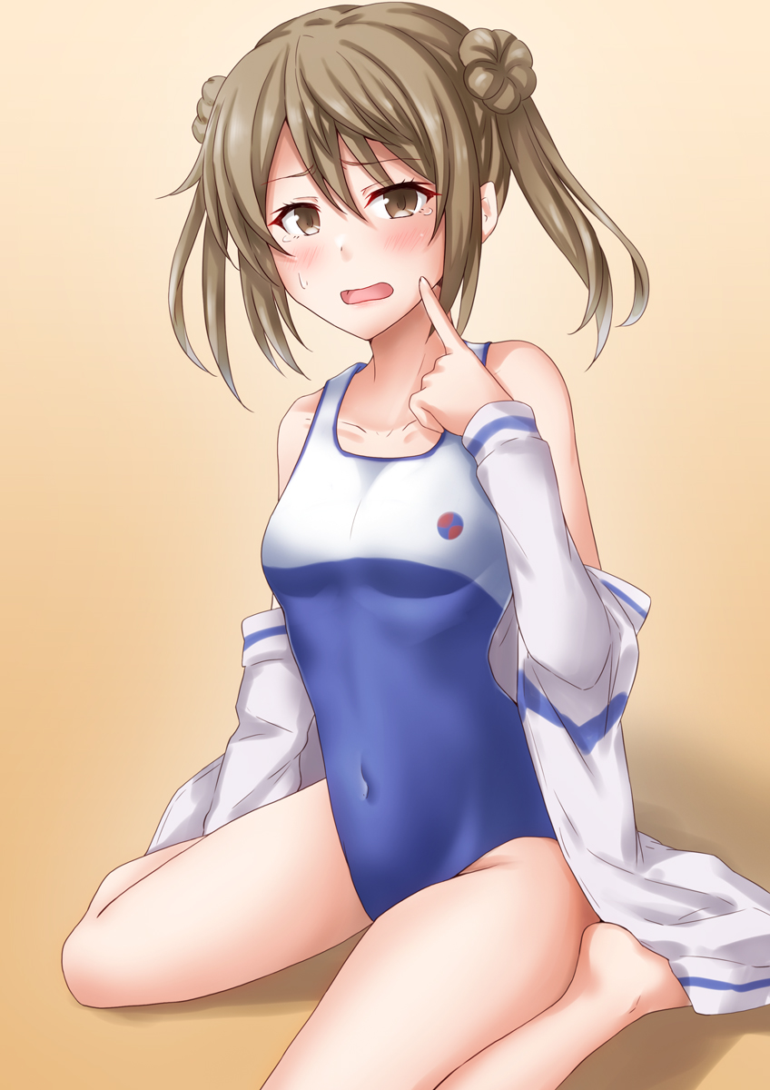 1girl anti_(untea9) bare_legs barefoot blue_swimsuit blush brown_eyes collarbone double_bun eyebrows_visible_through_hair hair_between_eyes highres kantai_collection light_brown_hair long_hair long_sleeves looking_at_viewer michishio_(kancolle) one-piece_swimsuit open_mouth short_twintails sitting solo swimsuit twintails wariza