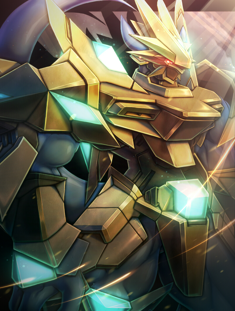 armor commentary_request cowboy_shot digimon digimon_(creature) from_side full_armor glowing gold_armor helmet looking_at_viewer magnamon_x no_humans pikkar red_eyes shoulder_armor solo standing