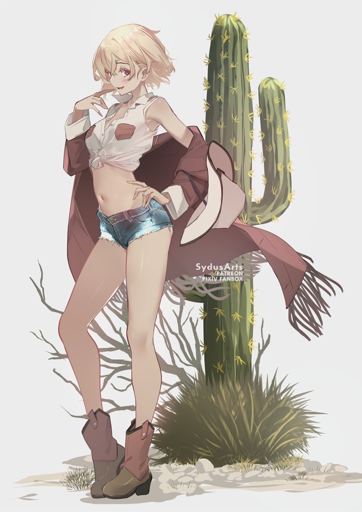 1girl :d artist_name bangs bare_legs blonde_hair blue_shorts blush boots breasts brown_eyes brown_footwear brown_jacket cactus collarbone collared_shirt cowboy_boots cowboy_hat denim denim_shorts finger_to_mouth fringe_trim full_body hand_on_hip hat headwear_removed jacket kanojo_okarishimasu knee_boots long_sleeves looking_at_viewer medium_breasts nanami_mami navel off_shoulder open_clothes open_jacket open_mouth shirt short_hair short_shorts shorts simple_background smile solo standing stomach sydus tied_shirt white_background white_headwear white_shirt