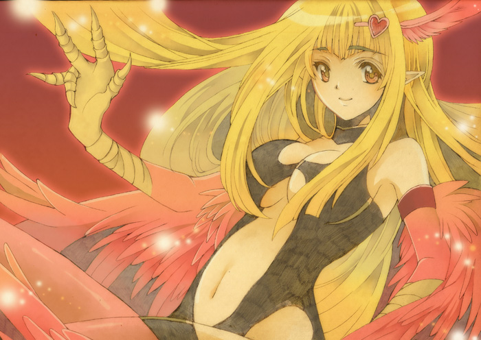 1girl artist_request asymmetrical_legwear blonde_hair blue_eyes breasts center_opening claws cleavage duel_monster feathers hair_ornament harpie_girl harpy heart heart_hair_ornament highres icoooos kneeling leotard long_hair monster_girl navel open_mouth pantyhose smile solo thigh-highs wings yu-gi-oh! yu-gi-oh!_duel_monsters yuu-gi-ou yuu-gi-ou_duel_monsters