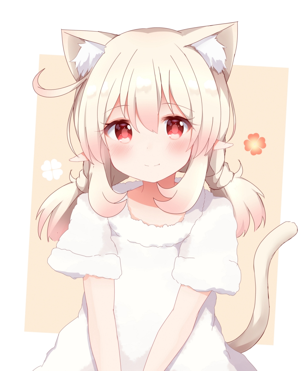 1girl ahoge alternate_costume animal_ears bangs blush cat_ears cat_girl cat_tail clover_print commentary_request extra_ears eyebrows_visible_through_hair fur_shirt genshin_impact hair_between_eyes highres kemonomimi_mode klee_(genshin_impact) light_brown_hair long_hair looking_at_viewer low_twintails orange_eyes pointy_ears shirt short_sleeves sidelocks simple_background smile solo tail tutsucha_illust twintails two-tone_background v_arms white_shirt