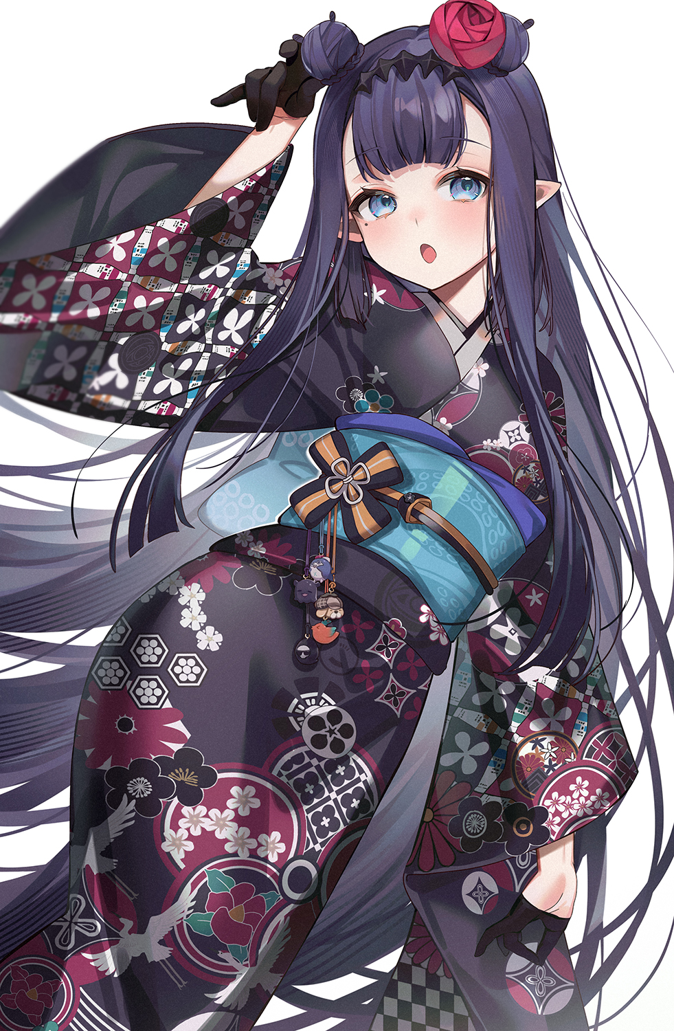 1girl bangs black_gloves black_kimono blue_eyes blunt_bangs blush double_bun floral_print flower gloves hair_flower hair_ornament hand_up highres hololive hololive_english japanese_clothes kimono long_hair machi_(7769) ninomae_ina'nis obi official_alternate_costume open_mouth pointy_ears purple_hair red_flower red_rose rose sash solo very_long_hair virtual_youtuber