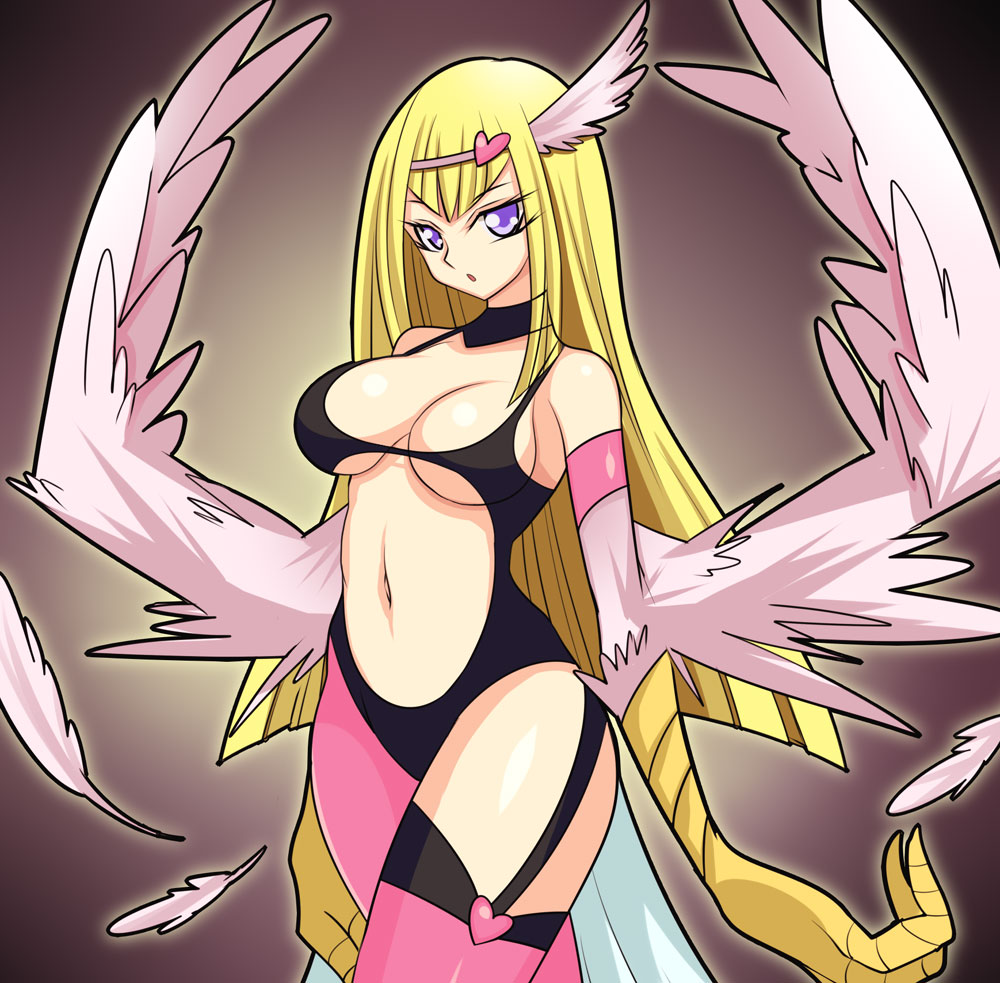 1girl asymmetrical_legwear blonde_hair blue_eyes breasts center_opening claws cleavage duel_monster feathers hair_ornament harpie_girl harpy heart heart_hair_ornament highres kageneko kneeling legs legs_together leotard long_hair monster_girl navel open_mouth pantyhose smile solo thigh-highs thighs wings yu-gi-oh! yu-gi-oh!_duel_monsters