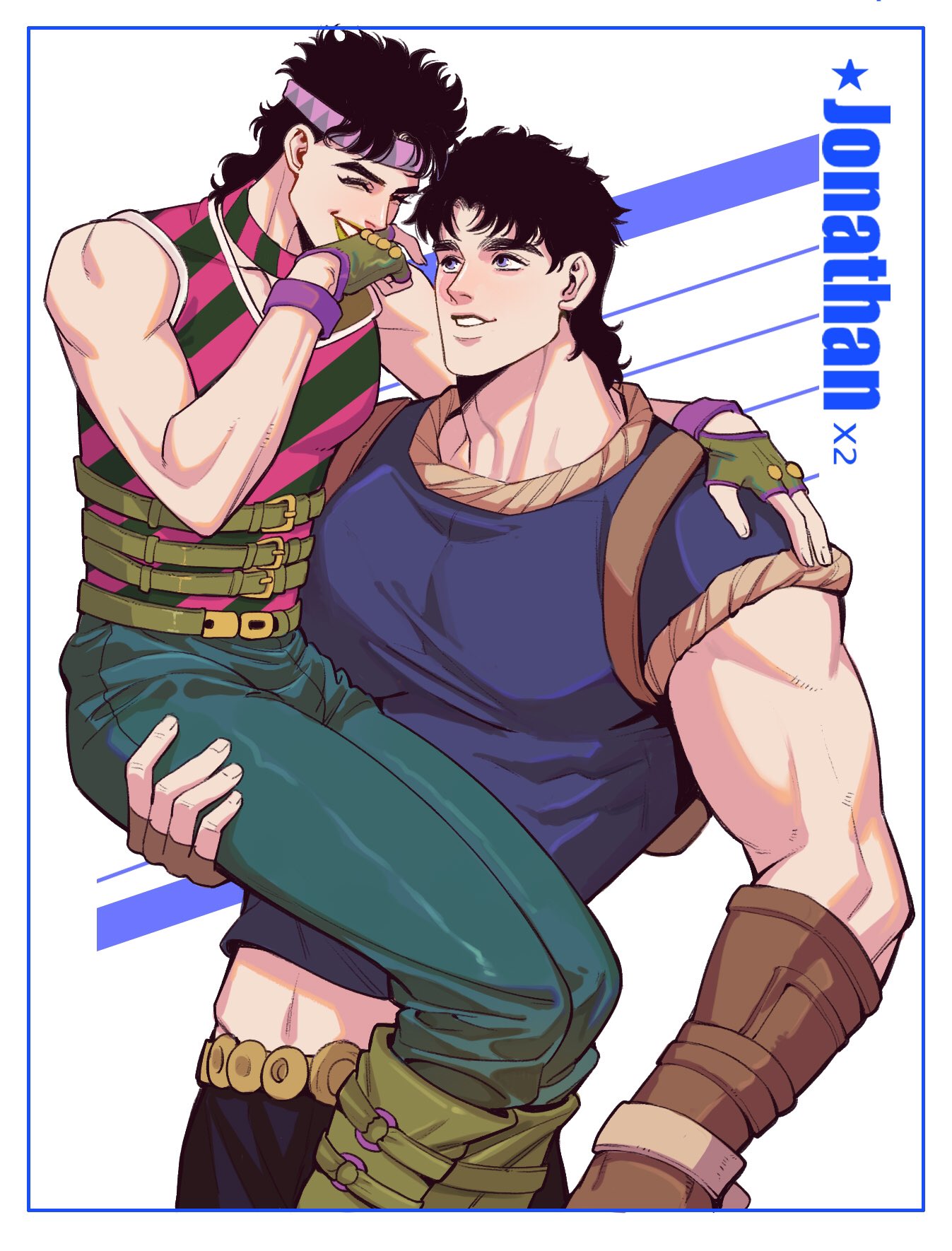 2boys black_hair blue_eyes boots dual_persona fingerless_gloves gloves green_lips headband highres jojo_no_kimyou_na_bouken jonathan_joestar lipstick makeup male_focus midriff multiple_boys phantom_blood shirt size_difference spadelake striped striped_shirt triangle_print