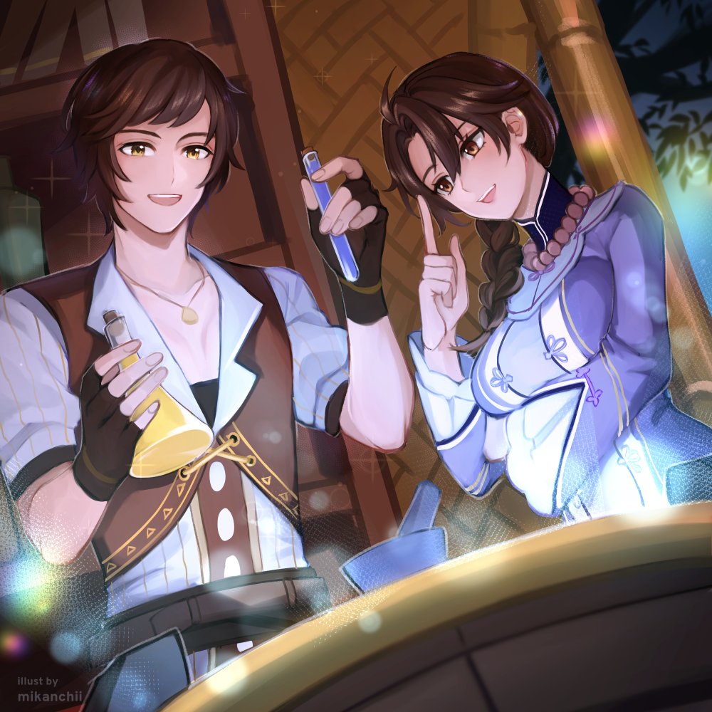 1boy 1girl bookshelf braid breast_hold breasts brown_eyes brown_hair dress genshin_impact jewelry long_sleeves medium_breasts mikanchii necklace open_mouth pearl_necklace potion purple_dress short_sleeves smile timaeus_(genshin_impact) vest yellow_eyes ying'er_(genshin_impact)