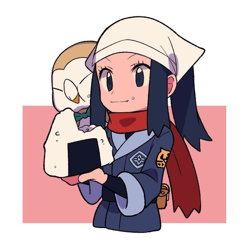 1girl akari_(pokemon) black_eyes black_hair black_shirt border chibi closed_mouth eating eyelashes food food_on_face grey_jacket head_scarf holding holding_food jacket long_hair on_shoulder onigiri pink_background pokemon pokemon_(creature) pokemon_(game) pokemon_legends:_arceus pokemon_on_shoulder red_scarf rice rice_on_face rowlet scarf shirt sidelocks symbol-only_commentary tyako_089 white_border white_headwear