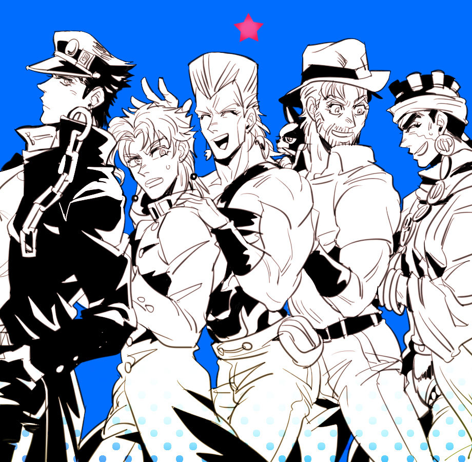 5boys anzumame beard blue_background boston_terrier dog earrings facial_hair gakuran halftone hat iggy_(jojo) jean_pierre_polnareff jewelry jojo_no_kimyou_na_bouken joseph_joestar joseph_joestar_(old) kakyoin_noriaki kujo_jotaro long_coat male_focus mohammed_avdol monochrome multiple_boys old old_man school_uniform stardust_crusaders sweat walking