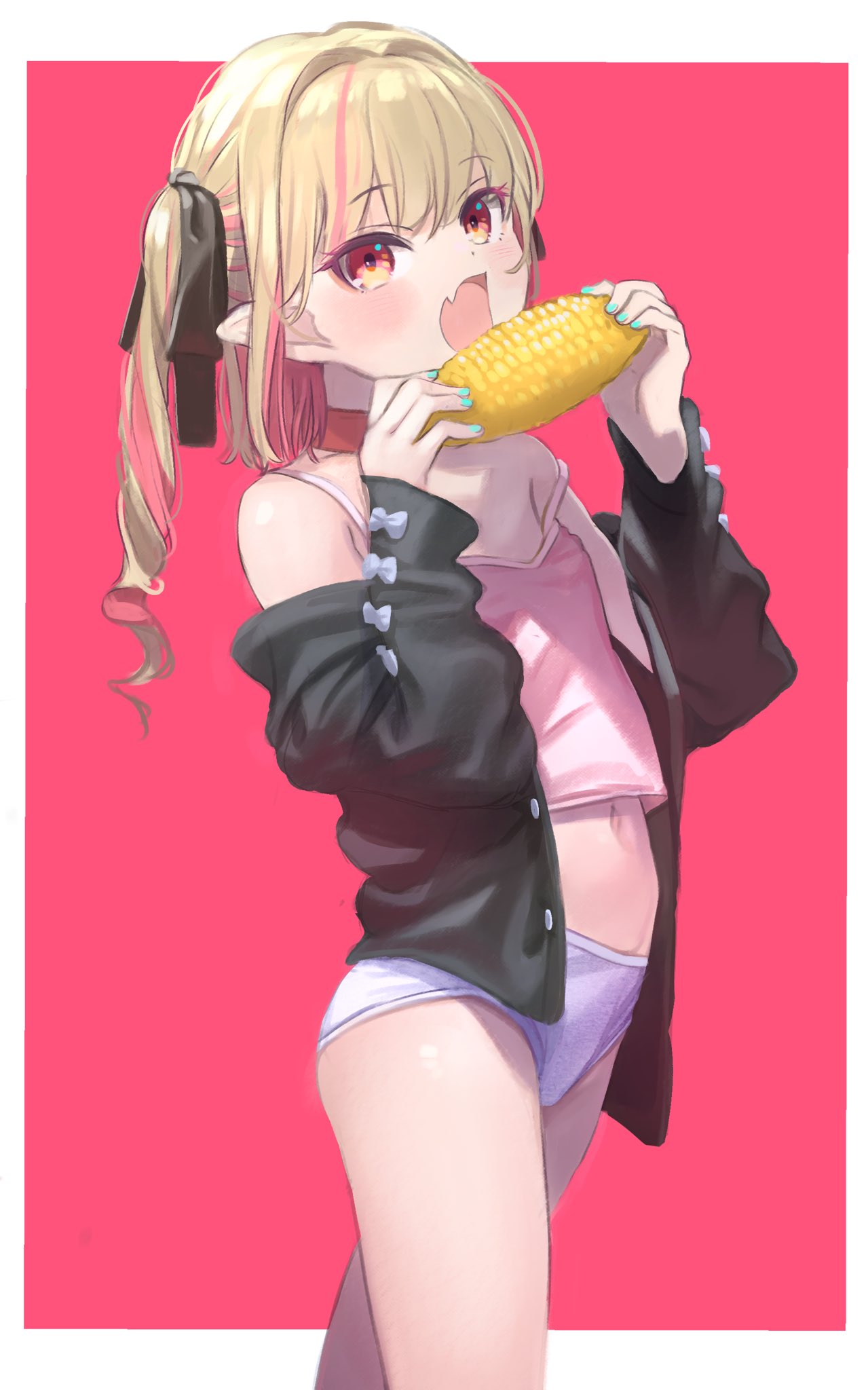 1girl aqua_nails bare_shoulders black_cardigan black_ribbon blush border camisole cardigan collar corn corn_cob cowboy_shot fang flat_chest food grey_hair hair_ribbon highres holding holding_food looking_at_viewer magenta_background makaino_ririmu multicolored_hair nail_polish navel nijisanji no_pants off_shoulder open_cardigan open_clothes open_mouth panties pink_camisole pink_hair pointy_ears red_collar red_eyes ribbon sabamen skin_fang solo strap_slip streaked_hair twintails two-tone_hair underwear virtual_youtuber white_border white_panties