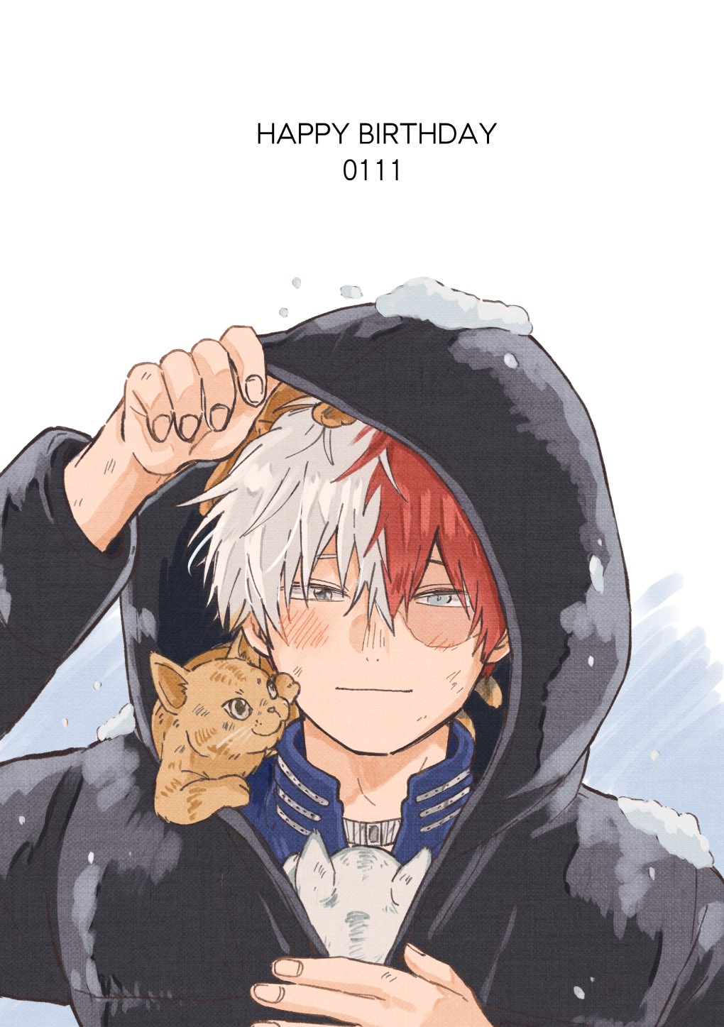 1boy animal animal_in_clothes animal_on_head animal_on_shoulder bangs blue_eyes boku_no_hero_academia burn_scar cat cat_on_chest cat_on_head cat_on_shoulder coat costume dated english_text hair_between_eyes hamachibri hand_on_headwear happy_birthday heterochromia highres holding holding_animal hood hood_up light_blush light_smile long_bangs male_focus multicolored_hair on_head portrait redhead scar scar_on_face short_hair smile snow_on_head snowing solo_focus split-color_hair text_focus todoroki_shouto two-tone_hair white_hair winter winter_clothes winter_coat