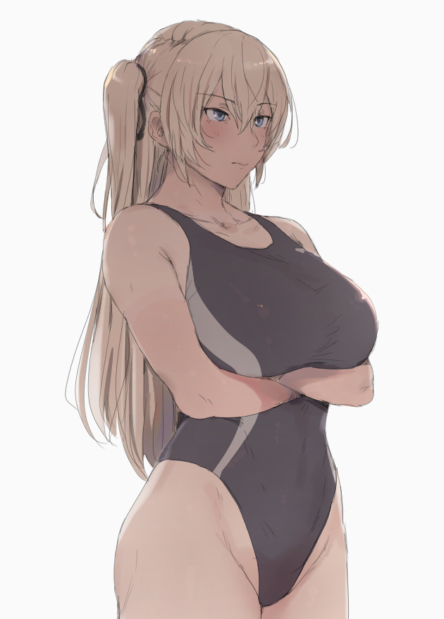 1girl 98_(mdf_an) arms_under_breasts bangs bare_shoulders black_ribbon black_swimsuit blonde_hair blue_eyes blush breasts closed_mouth collarbone competition_swimsuit cowboy_shot crossed_arms eyebrows eyebrows_visible_through_hair eyelashes hair_between_eyes hair_ribbon highleg highleg_swimsuit hips huge_breasts large_breasts long_hair mdf_an one-piece_swimsuit one_side_up original ribbon shiny shiny_hair simple_background solo standing swimsuit thick_thighs thighs white_background wide_hips