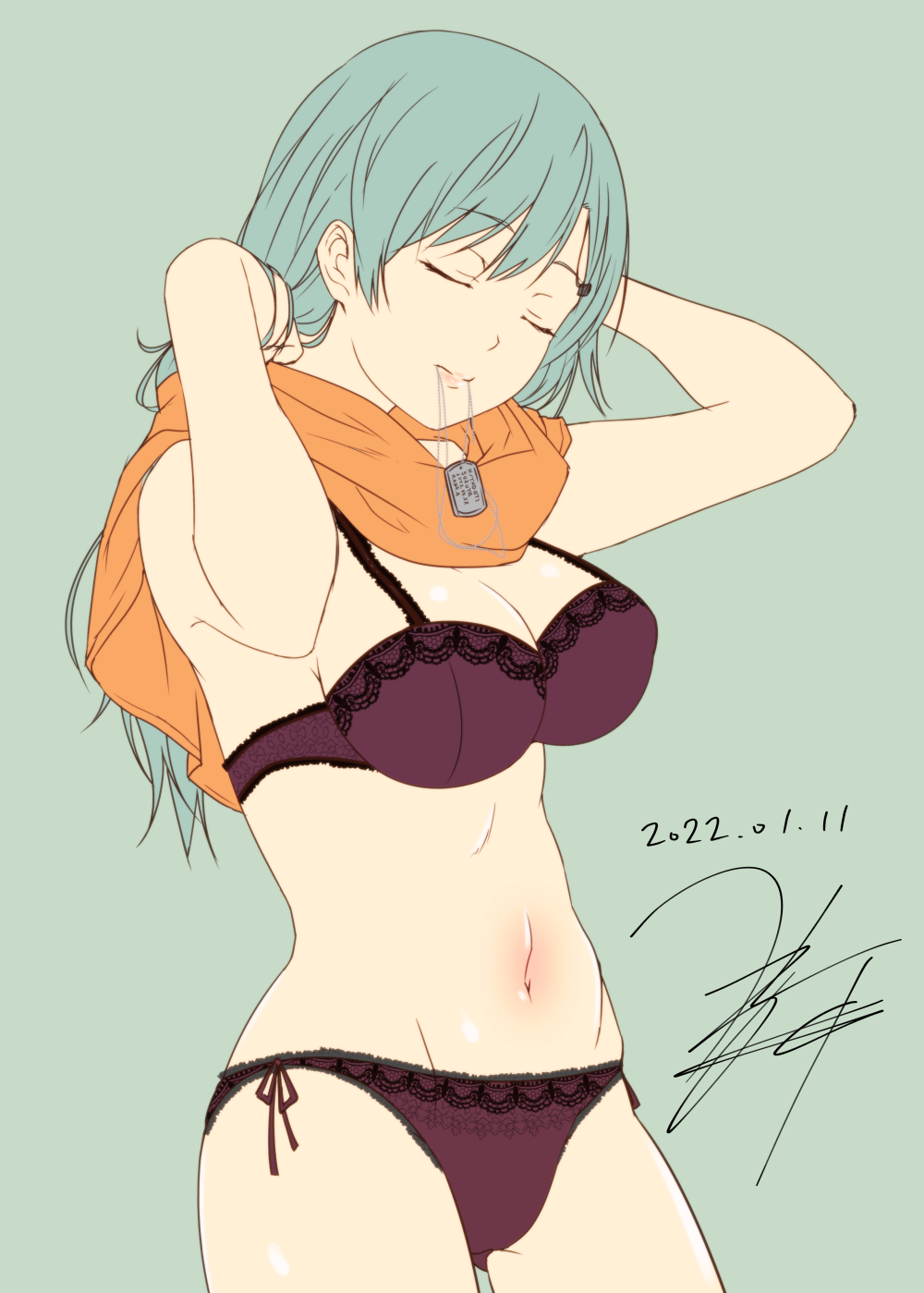 1girl aqua_background aqua_hair arms_up ass_visible_through_thighs bangs bare_arms bare_shoulders bra closed_eyes closed_mouth commentary_request cowboy_shot dated dog_tags eyebrows_visible_through_hair hair_ornament hairclip highres kantai_collection lace-trimmed_bra lace-trimmed_panties lace_trim lipstick makeup mouth_hold navel orange_scarf panties purple_bra purple_panties scarf signature simple_background smile solo stomach suzuya_(kancolle) underwear underwear_only yua_(checkmate)