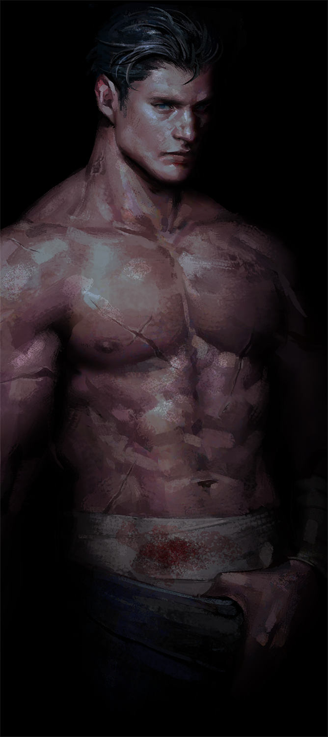 1boy abs bandages batman_(series) black_hair blood blood_on_clothes blue_eyes bruce_wayne closed_mouth clothes_pull dc_comics highres large_pectorals looking_at_viewer male_focus muscular muscular_male navel nipples pants pants_pull pectorals pulled_by_self scar scar_on_arm scar_on_chest short_hair sideburns solo topless_male untitle