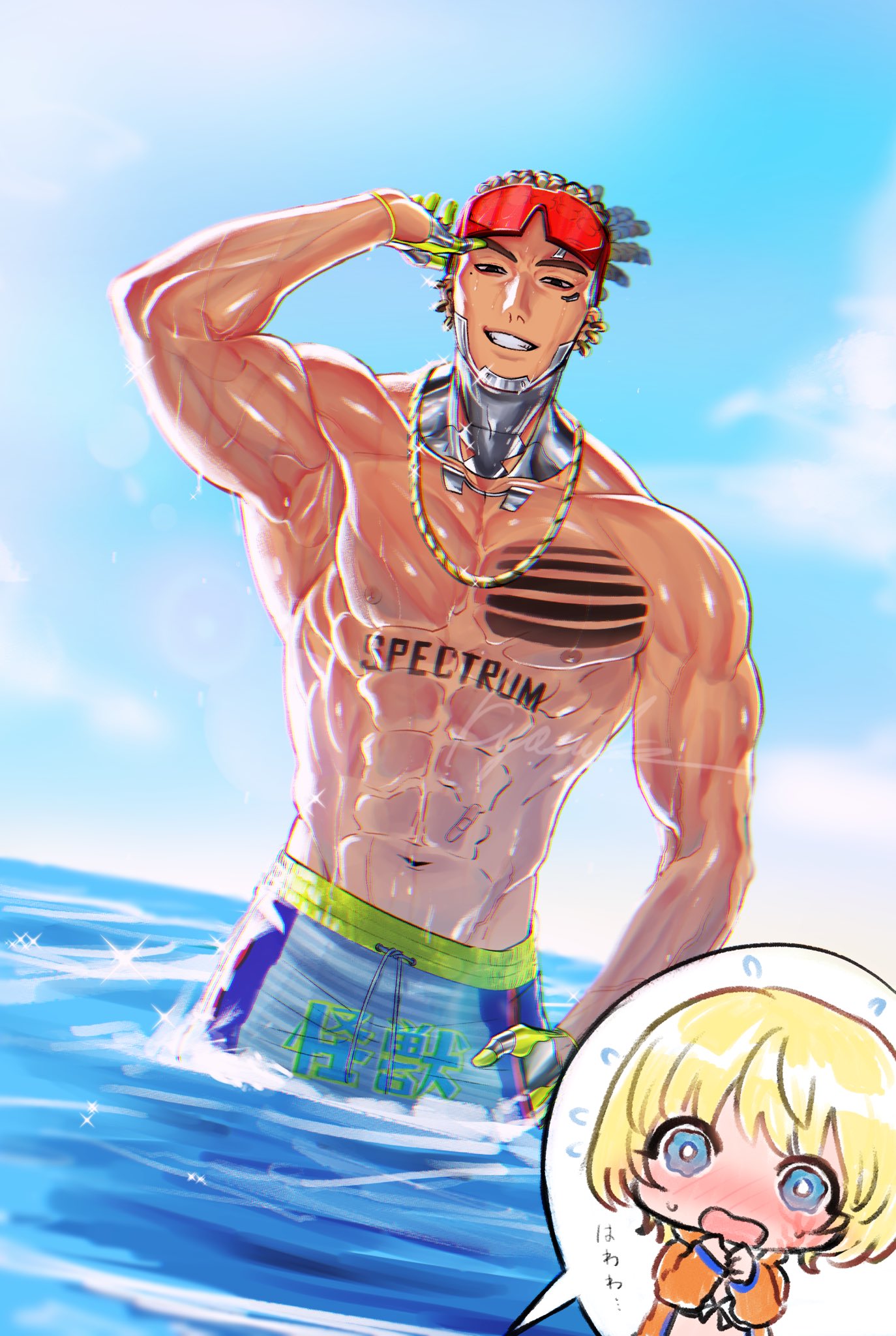 1boy 1girl abs apex_legends bangs blue_eyes blush brown_hair chain chest_tattoo collarbone cornrows crypto_(apex_legends) eyewear_on_head gold_chain grey_shorts hanagata_kyousuke highres hood hoodie hype_beast_crypto looking_at_viewer male_focus male_swimwear mole mole_under_eye ocean orange_hoodie partially_submerged pectorals short_hair shorts smile solo_focus sunglasses swim_trunks tattoo tied_hair topless_male wattson_(apex_legends)