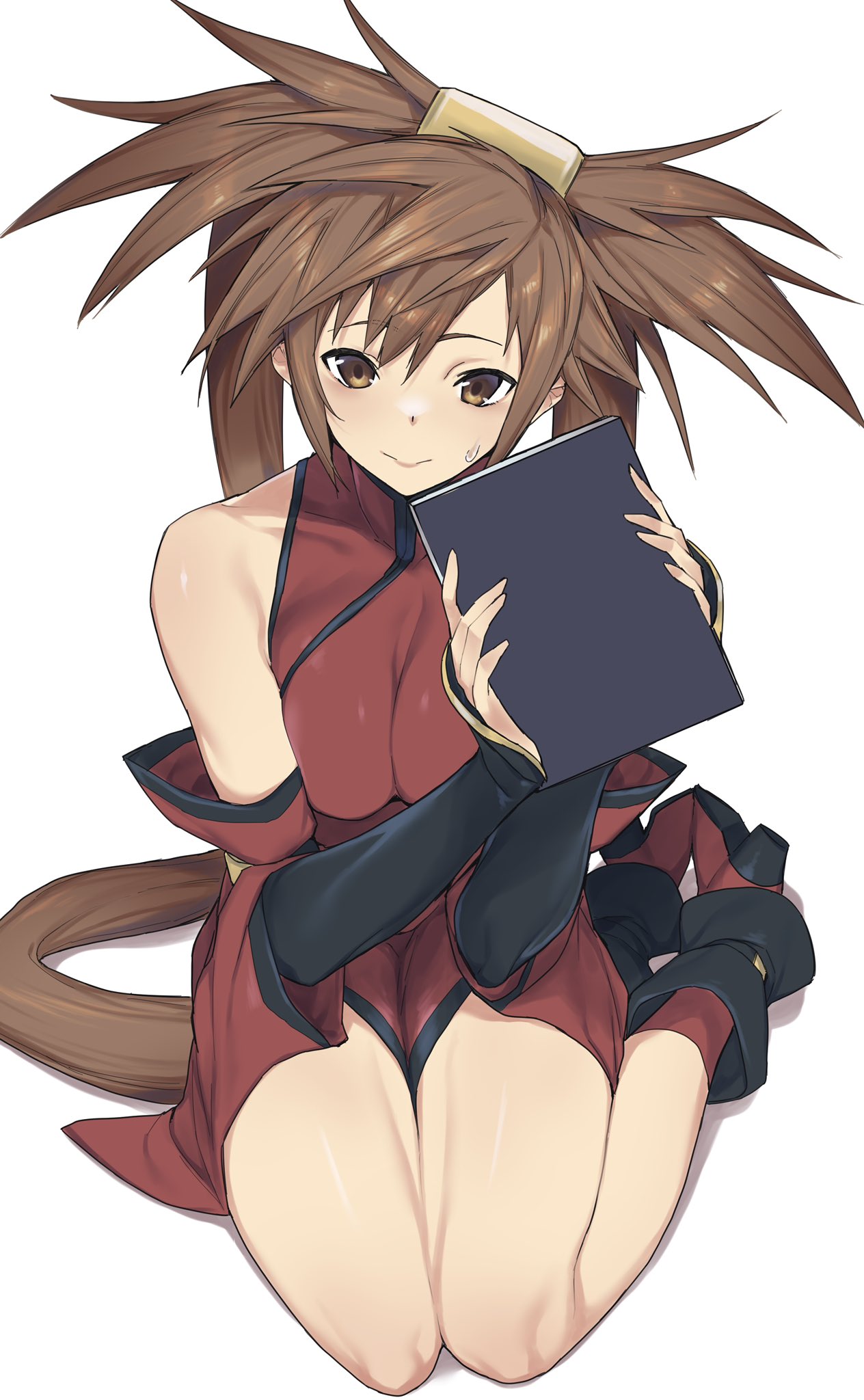 1girl bangs bare_shoulders book boots breasts brown_eyes brown_hair china_dress chinese_clothes closed_mouth detached_sleeves dress full_body guilty_gear hair_ornament hair_ring high_heel_boots high_heels highres holding holding_book kneeling kuma_(jk0073) kuradoberi_jam long_hair looking_at_viewer md5_mismatch medium_breasts solo symbol-only_commentary thighs twintails very_long_hair